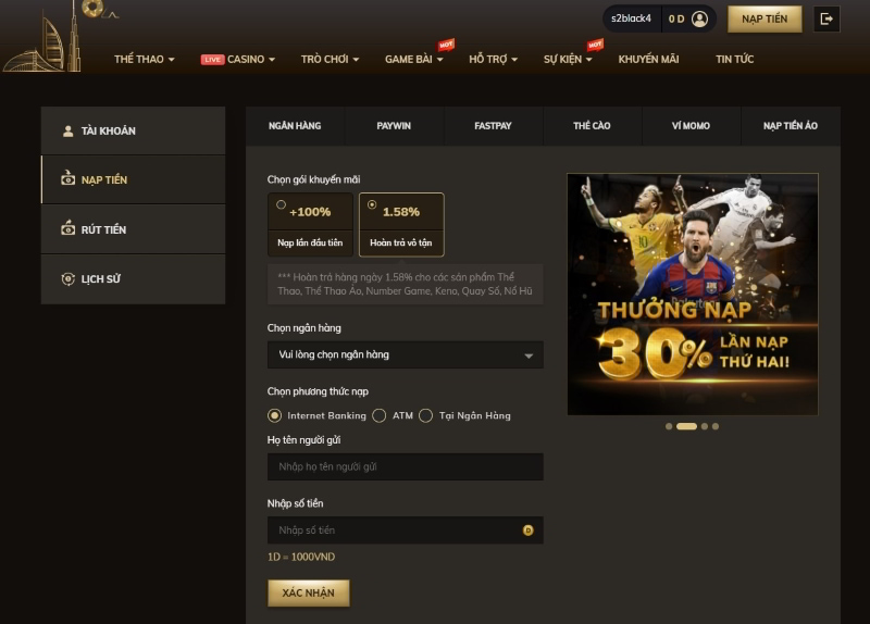 chi tiết các hình thức nạp tiền