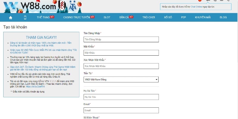 đăng ký tài khoản w88