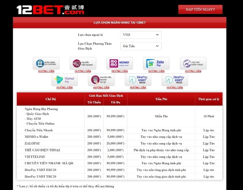 nạp tiền vào trang cá cược 12bet
