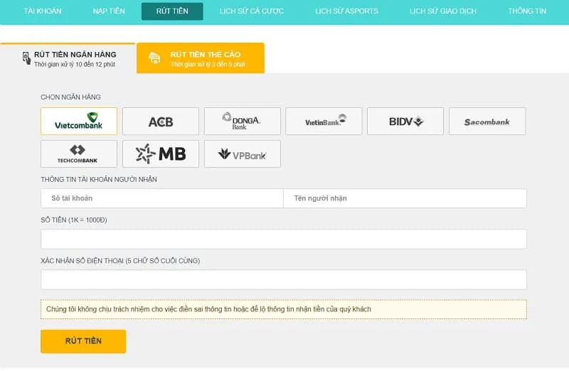 rút tiền bằng ngân hàng